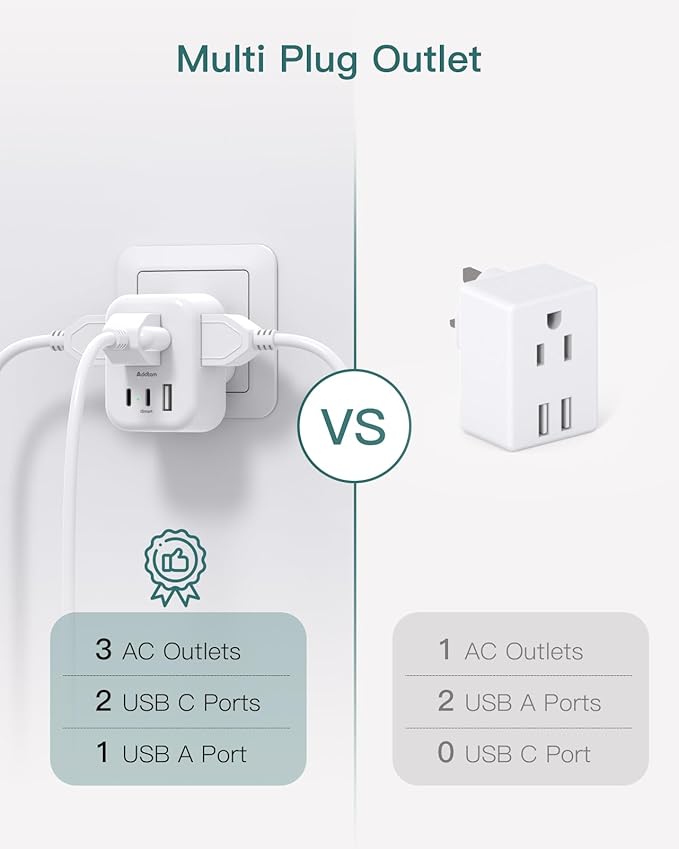 US to UK Plug Adapter 3 Pack, Addtam Type G Travel Plug with 3 Outlets 3 USB Ports(2 USB C), UK Power Adaptor for USA to England London British Ireland Scotland Dubai Hong Kong Kenya