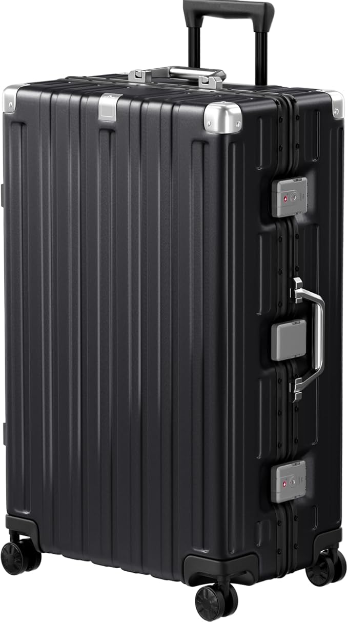 Krute Aluminum Frame Luggage 28 Inch Checked Suitcase with Spinner Wheels TSA Approved No Zipper Hard Shell Luggage PC+ABS Travel Suitcase Black