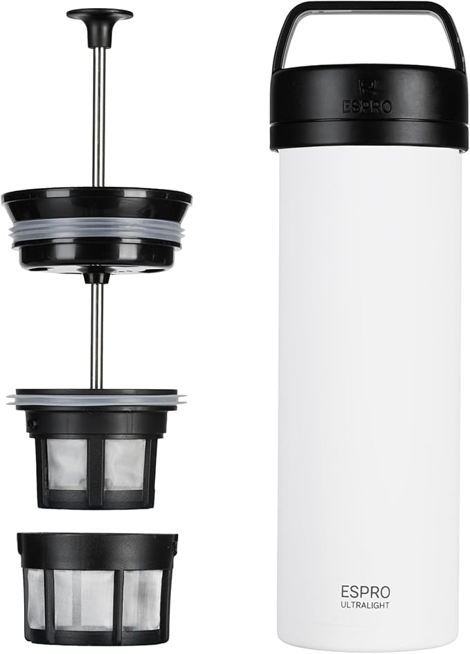 ESPRO Go P0 Ultralight French Press Coffee Maker for Travel, Vacuum Insulated Stainless Steel, 16 Ounces, Chalk White