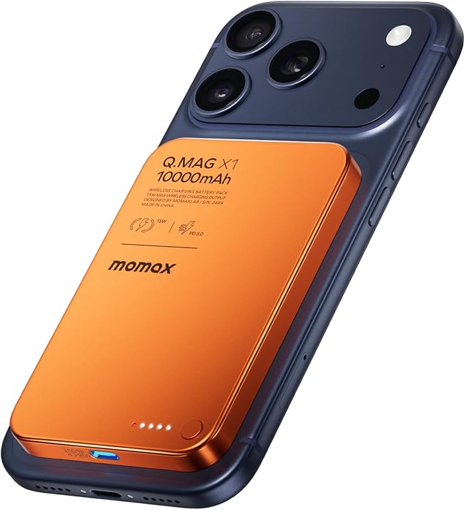 MOMAX Magnetic Wireless Power Bank 10000mAh, Ultra-Slim 0.5" MagSafe-Compatible Portable Charger, 20W USB-C PD Fast Charging, for iPhone 17/16/15/14/13/12 Series(Cosmic Orange)
