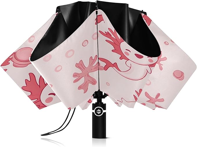 ALAZA Folding Umbrella Kawaii Axolotl Pink Animal Compact Travel Umbrella Automatic Open Close, Inverted Umbrellas for Rain Windproof UV Protection Sun Umbrellas