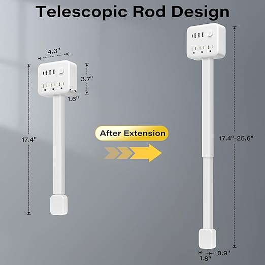 Electrical Outlet Extender, 360° Rotating Wall Outlet with Power Switch, 3 AC Outlets, 3 USB-A & 1 USB-C, Extends 17"-26", Use for Hard-to-Reach Outlets Behind Couches, Nightstands, Desks, Beds