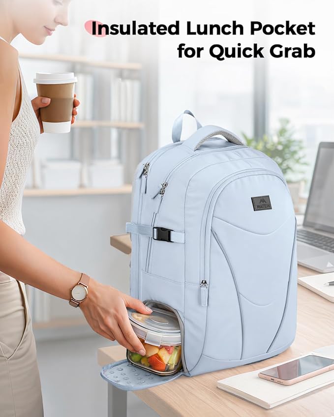MATEIN HER Nurse Backpack for Women with Lunch Compartment, Water Resistant Work Backpack with Water Bottle Holder & RFID Pocket, Commute Office Business Travel Bag Fits 17.3'' Computer, Light Blue