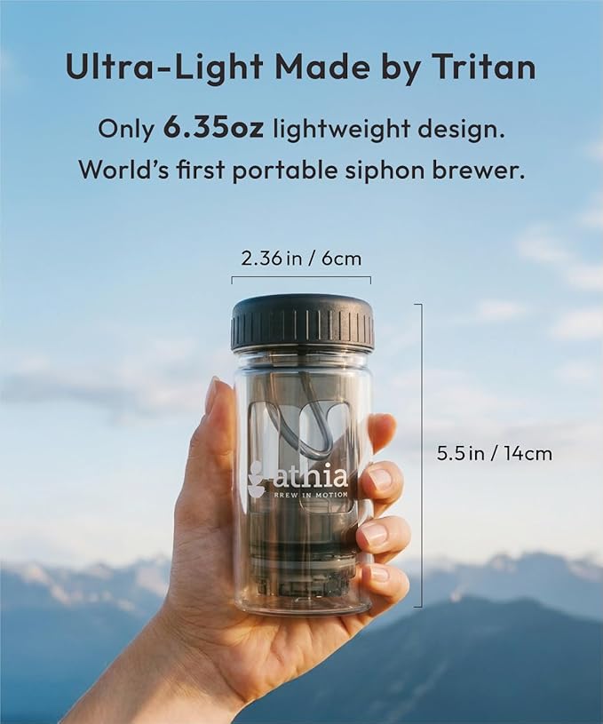 ATHIA Portable Siphon Coffee Maker for Travel & Camping - 4-in-1 Cordless Brewer for Cold & Hot Brew, Siphon-Inspired System, 13.5oz/400ml Tritan Bottle, Reusable Filter, 6.35oz/180g Lightweight