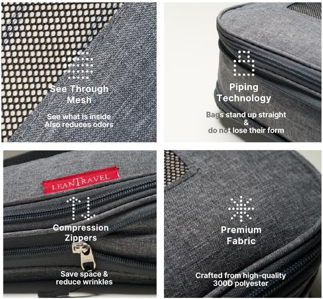LeanTravel Premium Compression Packing Cubes for Travel - Suitcase Organizer Bags with Double Zipper & Breathable Mesh Panel - Space Saving Carry On Luggage Essentials (1 Small Bag, Grey)