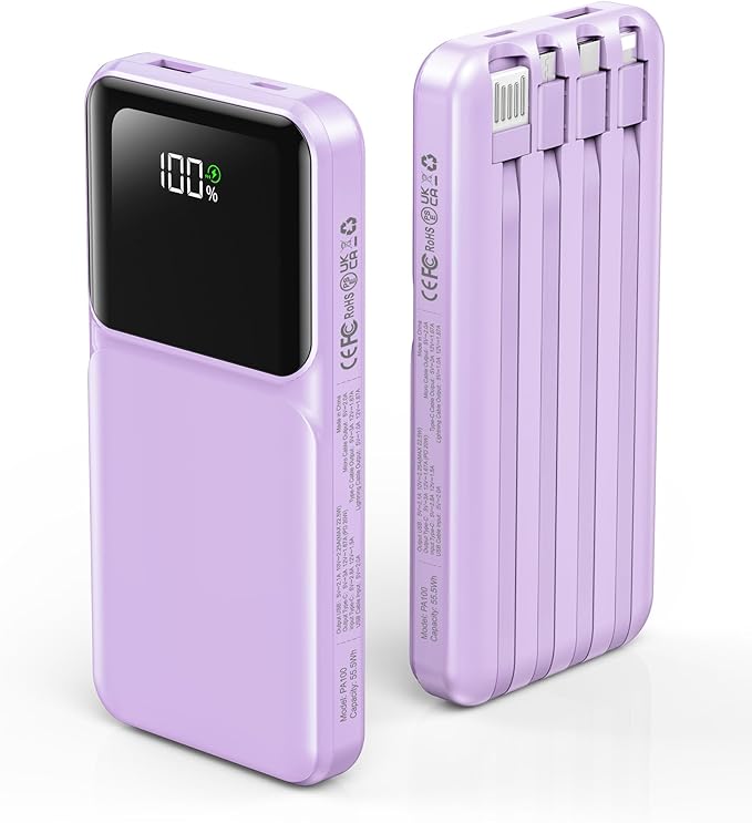 RONEGN Portable Charger with Built in Cable - 22.5W Power Bank Fast Charging USB C LED Display 10000mAh Travel Battery Pack 5 Outputs & 3 Inputs for iPhone Samsung Android iPad Phones Tablets etc