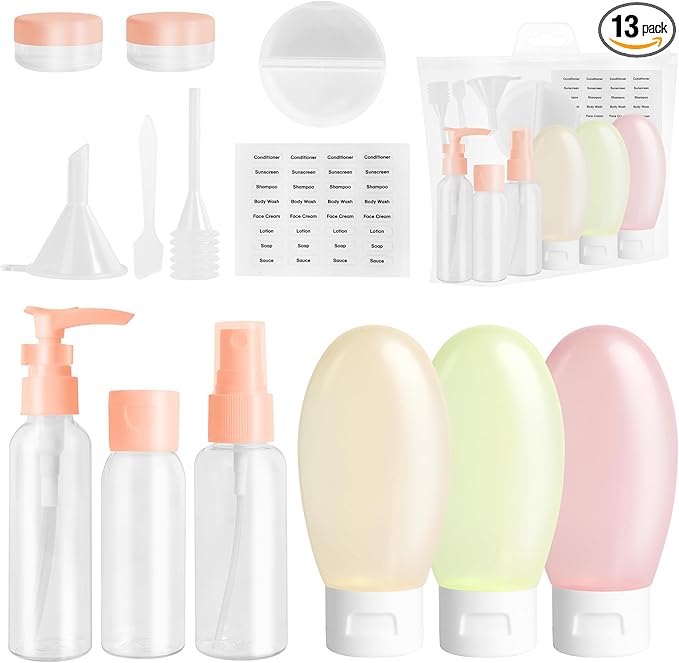 Travel Bottles Set for Toiletries 13Pcs Travel Size Silicone Containers with Labels 60ml Leak Proof Travel Containers for Toiletries Refillable Squeezable Shampoo Conditioner Bottles (Pink)