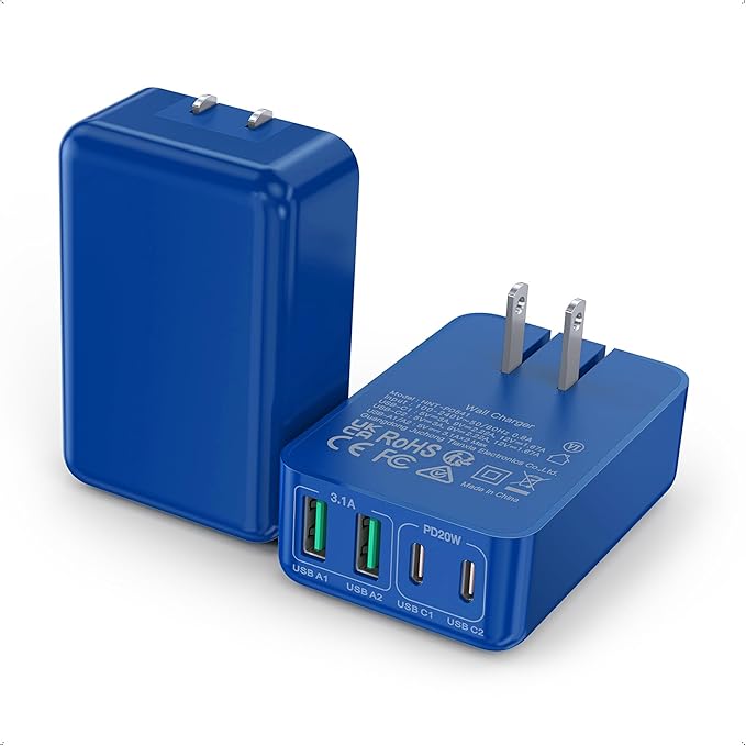[2-Pack] Flat USB C Wall Charger,40W Fast USB C Charger Block,4-Port PD Power Adapter +QC Wall Plug Multiport Type C Charging Block Cube Compatible with iPhone 17 16 15 14 13 12 Pro Max XR XS 8(Blue)
