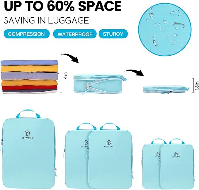 PFEYRPK Lightweight Compression Packing Cubes for Suitcases, Compressible Expandable Travel Packing Organizer with Clear Toiletries and Backpack Bag, Travel Essentials for Carry on Luggage 7 Set