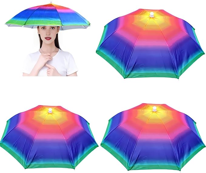 3 Pack Umbrella Hat, Sports Head Umbrella Hats for Adult Women, 26" Diameter Folding Waterproof Rainbow Fishing Headwear for Outdoor Party Beach Hiking