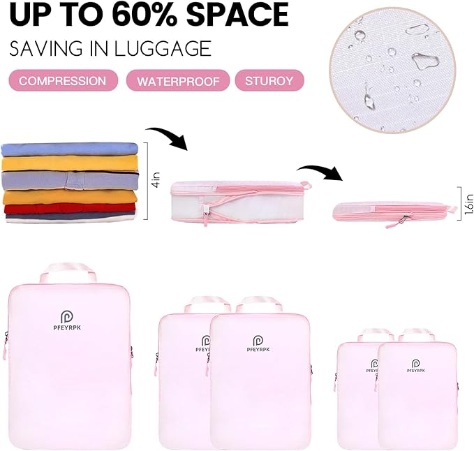 PFEYRPK Lightweight Compression Packing Cubes for Suitcases, Compressible Expandable Travel Packing Organizer with Clear Toiletries and Backpack Bag, Travel Essentials for Carry on Luggage 7 Set