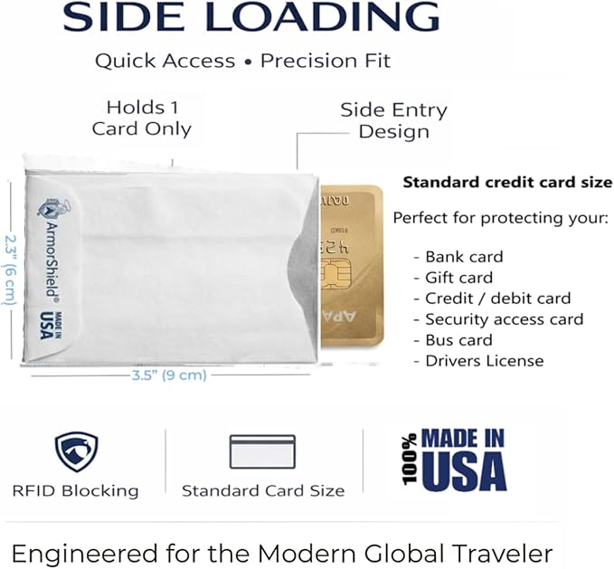 100x BULK LOT RFID Blocking Sleeves Credit Card Protectors 100% MADE IN USA - Anti-theft for Travel wallet, purse. ArmorShield Your Identity