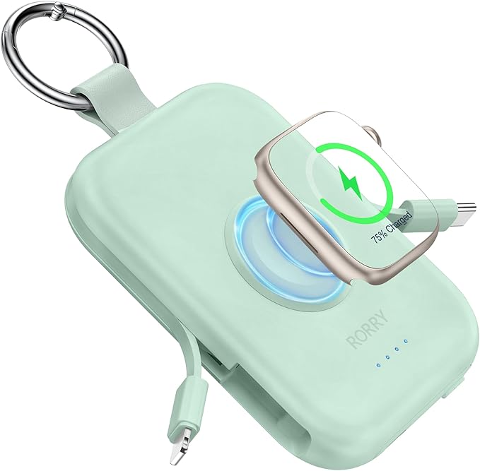 RORRY CharmGo Portable Charger, 5000mAh Portable Charger Power Bank with Built-in Cables, Travel Keychain Battery Pack for Apple Watch and iPhone Air/17/16/15/14/13/12, Green