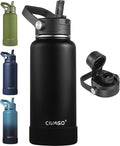 CIVAGO 32 oz Insulated Stainless Steel Water Bottle with Detachable Straw, Large Metal Water Jug with Bucket Handle, Leakproof Sports Water Flask with Silicone Boot for Travel, Dishwasher Safe, Black