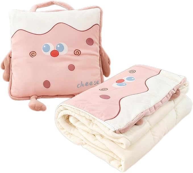 2-in-1 Travel Blanket and Pillow, Soft Airplane Blanket with Pillowcase, Luggage Sleeve and Backpack Clip, Lightweight Cozy Travel Blanket (Pink)