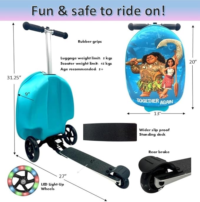 Fast Forward Moana 18" Ride-On Suitcase Scooter - Lightweight Carry-On Foldable Scooter Luggage