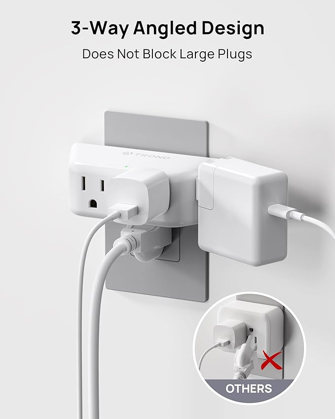TROND Wall Outlet Extender 3 Pack - Surge Protector Outlet with 4 Grounded Sockets, 3 Way Angled Plug Adapter, 900J, Multiple Wall Splitter for Home Office Dorm Room Essentials, White