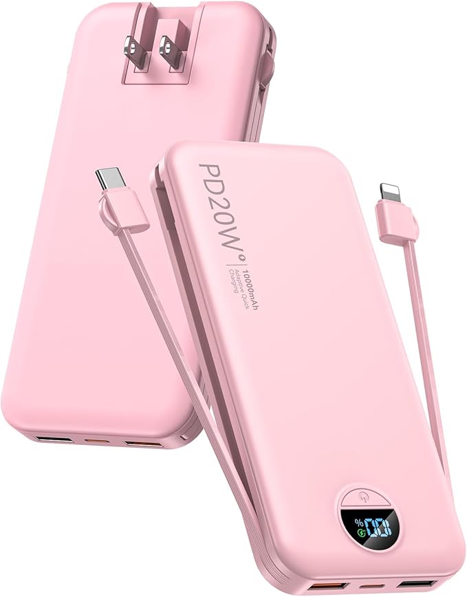 Portable Charger, 10000mAh PD20W Fast Charging Power Bank with Built-in Cables & Wall Plug, External Battery Pack with LED Display, Travel Essentials Battery Bank for iPhone, iPad, Samsung Fairy Pink