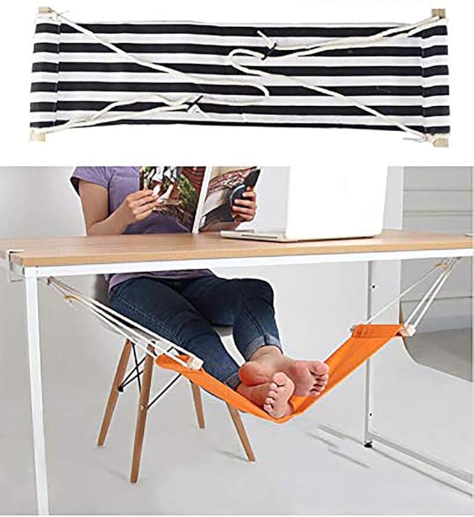 Home-organizer Tech Portable Adjustable Foot Hammock for Corner Desk Office Foot Rest Mini Under Desk Foot Rest Hammock for Home, Office, Airplane, Travel, Study and Relaxing (Black White Strip)