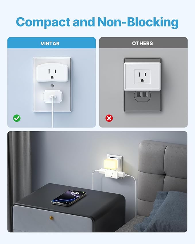 2 Prong to 3 Prong Outlet Adapter, VINTAR 2 Prong Power Strip with 3 AC Outlets (1875W/15A), Polarized Plug, Wall Plug Extender for Non-Grounded Outlet in Old House, Cruise Essentials, 2 Pack