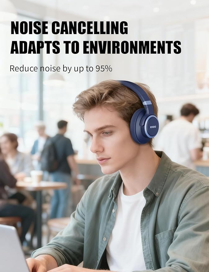 KVIDIO Active Noise Cancelling Headphones, 70 Hours Playtime Bluetooth Headphones with Microphone, Transparency Mode, Deep Bass and Hi-Fi Stereo Sound (Blue)