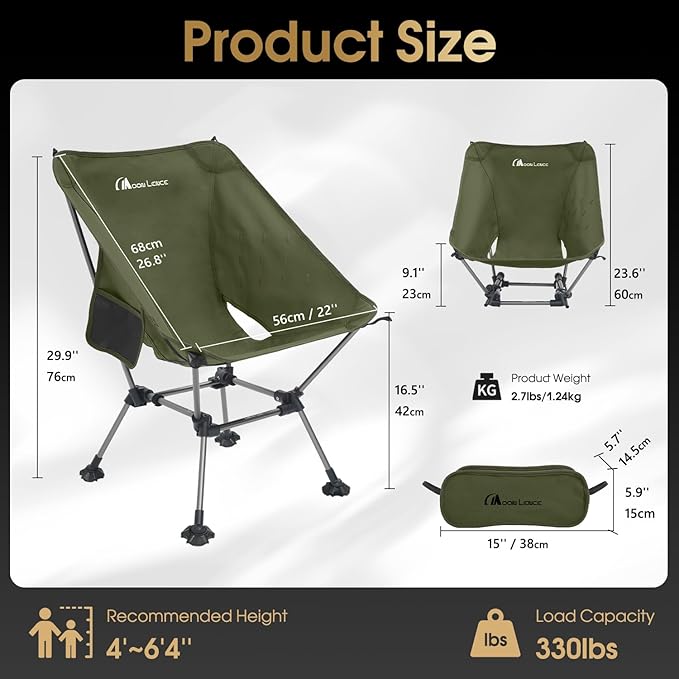 MOON LENCE High Back Folding Camping Chairs, Height-Adjustable, Widened Seat, for Beach with Anti-Sinking Feet (Green-Plus)