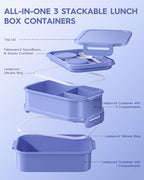 KEMETHY Adults Bento Lunch Box Set with Thermo Bag, 74oz Stackable Leak-proof 3-tiers Bento Box, Built-in Utensil and Sauce Container for Work, School, Dining Out (Purple)
