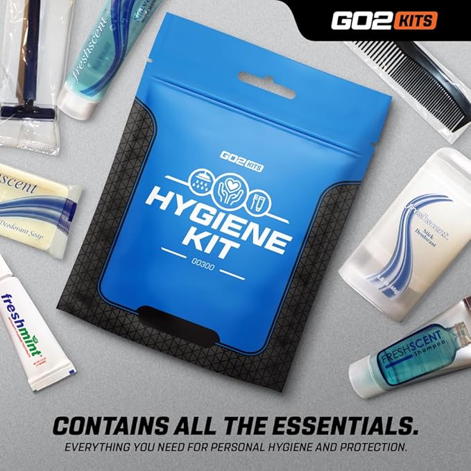 Travel Toiletry Kit, Hygiene Kit with Shaving Supplies for Travel, Business & Charity with Reusable Toothbrush, Bath Soap & Other Essential Toiletries, 1-Pack (GO300)