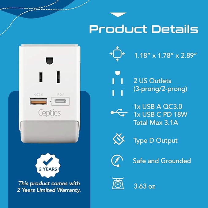Ceptics India Maldives Power Plug Adapter Travel QC 3.0 & PD, Safe Dual USB & USB-C - 2 USA Socket Compact & Powerful - Use in Pakistan Nepal Sri Lanka - Type D AP-10 - Fast Charging
