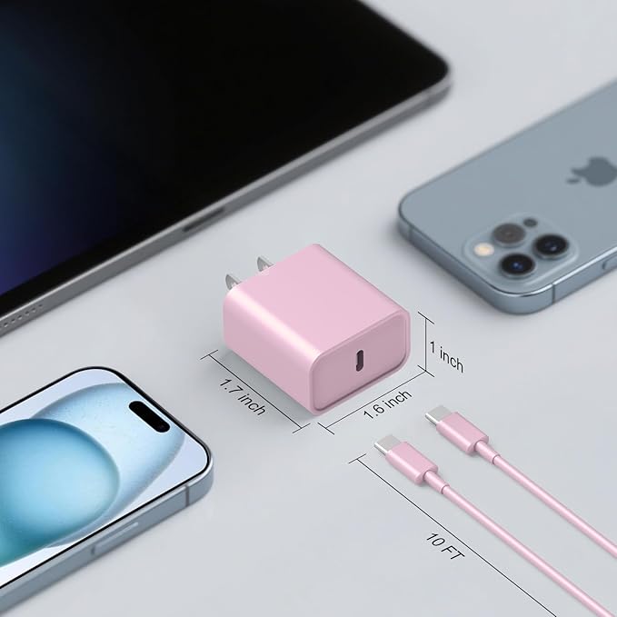 MYBEER iPhone 17 16 15 Charger Fast Charging, [ETL Certified] 2 Pack 10FT USB C Charger Cable with 20W Type C Fast Charging Block for iPhone 17/17 Pro/17 Pro Max/16/16 Pro/16 Pro max/16 Plus/15（Pink）
