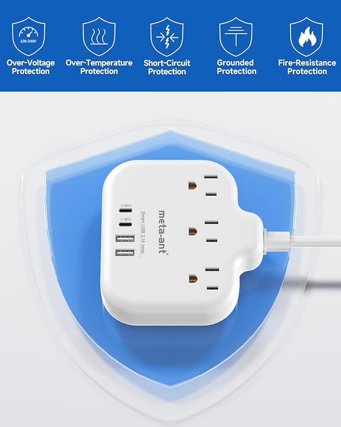 Australia New Zealand Power Adapter USB C, meta-ant Australia Travel Adaptor with 3 American Outlets 4 USB Charger(2 USB-C), 5FT Extension Cord, Type I Plug Adapter for US to AU China Argentina Fiji