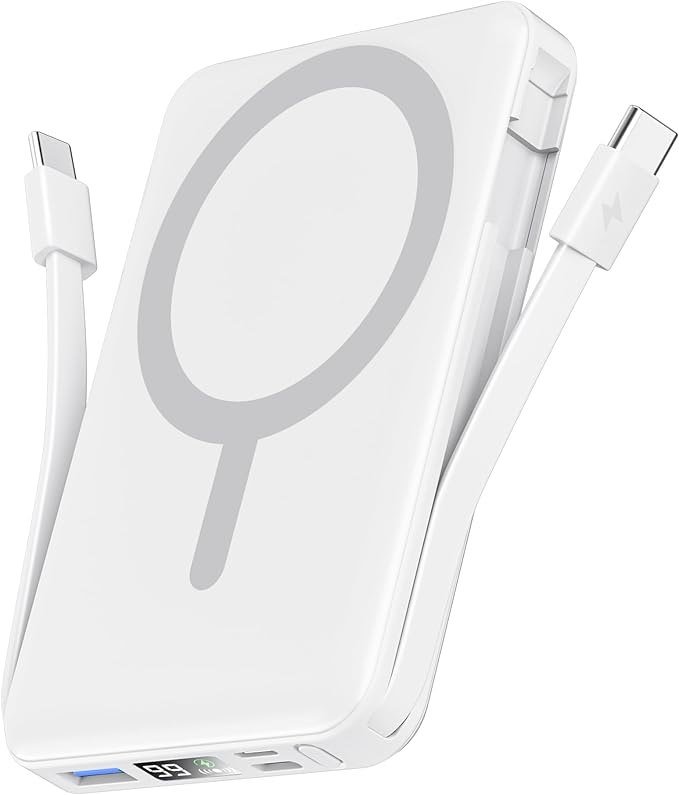 podoru for Magsafe Battery Pack, 10000mAh Magnetic Power Bank Built-in Double USB C Cables 20W PD Fast Charging LED Display Wireless Portable Charger for iPhone 17/16/15/14/13/12 Series-White