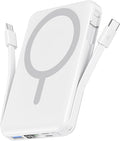 podoru for Magsafe Battery Pack, 10000mAh Magnetic Power Bank Built-in Double USB C Cables 20W PD Fast Charging LED Display Wireless Portable Charger for iPhone 17/16/15/14/13/12 Series-White
