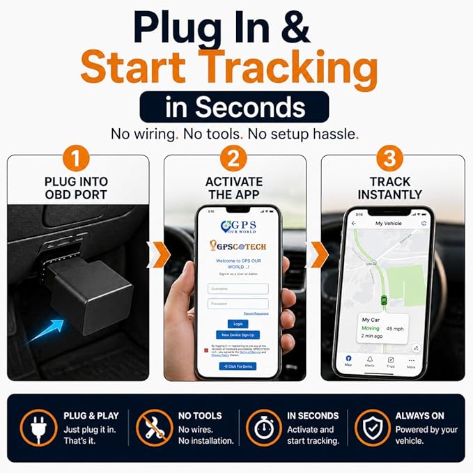 Car GPS Tracker (OBD2 Plug & Play) – 3 Months Free Trial, Real-Time GPS Tracker for Cars, 1-Year History, Speed & Driving Alerts, App Control, Global Coverage - Plans from $4.99/Month
