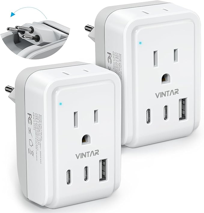 2 Pack Brazil Power Adapter, VINTAR Foldable Type N Plug Adapter with 2 AC Outlets 3 USB Ports (2 USB C), Brazil Outlet Plug for US to Brazilian