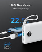 VRURC Power Bank for iPhone, 22.5W Fast Charging Phone Charge with Built-in Cables,10000mAh USB C in & Out Cord Portable Charger,Slim Lightweight Charging Bank Travel Essentail-White(1 Pack)