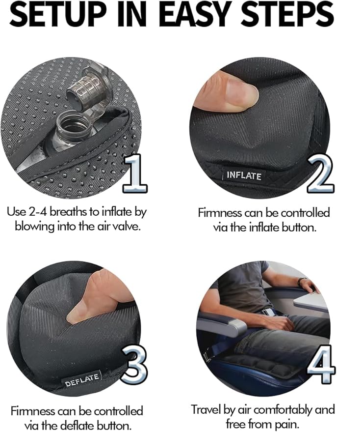 Soundur Travel Cushion Airplane Seat,Inflatable Air Bubble Design with Storage Bag for Car/Office/Kitchen Chairs.42 Air Cells, Adjustable Firmness, Non-Slip Bottom