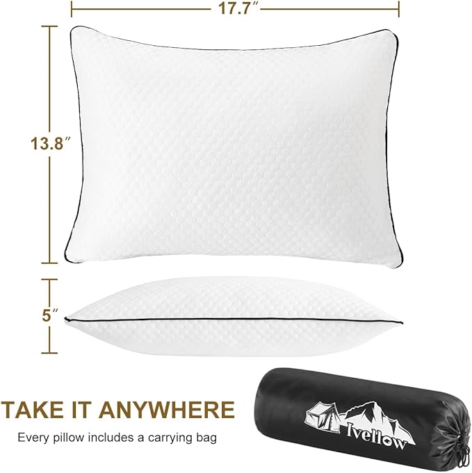 Ivellow Travel Pillow Camping Pillow for Sleeping Cooling Shredded Memory Foam Pillow Compressible Compact Medium Firm,Breathable Soft Cover,Ideal Outdoor Car Backpacking Hiking Essential Gear White L