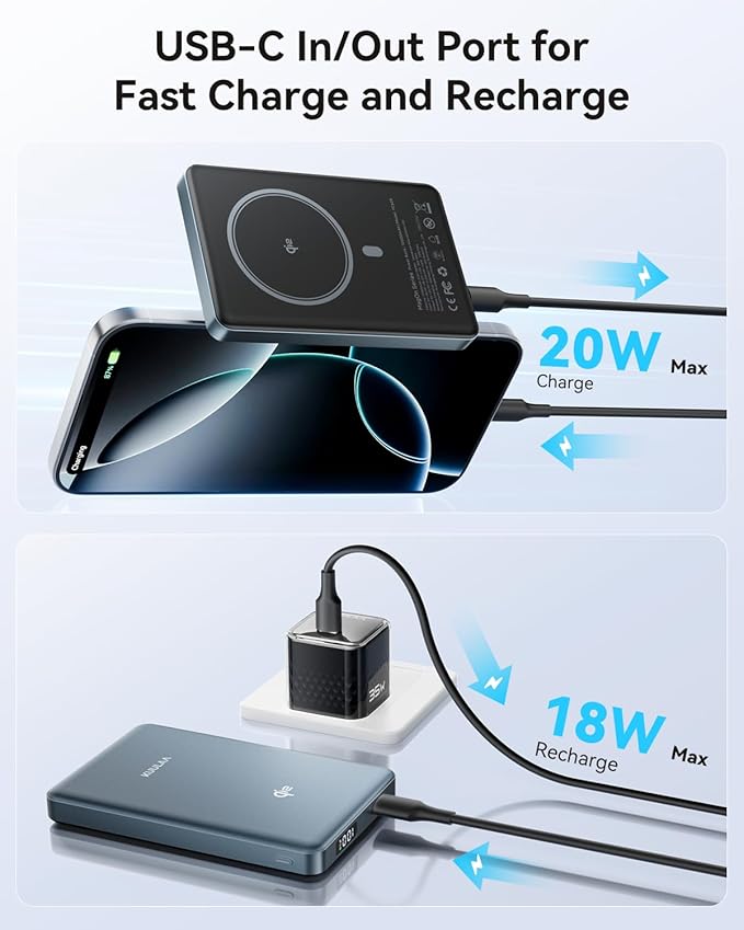 Kuulaa 0.5" Magsafe Portable Charger, 10000mAh Magnetic Power Bank & Slim Battery Pack - Qi2 Certified 15W Wireless Charging with 20W USB-C PD for iPhone 17/16/15/14/13/12 Pro/Air Series