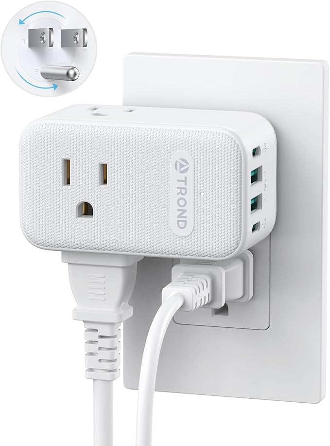 TROND Outlet Extender with 2 PD 20W USB C Charger, 3 AC Multi Plug Outlet Splitter with 360 Rotating Plug, USB Wall Socket Adapter, A Small Charging Station for Kitchen Bathroom Cruise Essentials