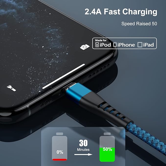 Essri 2Pack for iPhone Charger Cord 1FT, Lighting Cable 1 Feet to USB Charging Cable, Nylon Braided Charging Cord 1 Foot Compatible with iPhone 14 13 12 11 X XS XR 15 Pad - Blue