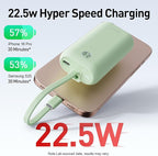 iWALK Mini Portable Charger 10,000mAh, 22.5W USB-C Fast Charging Power Bank with Built-in Cable, Travel Essential Ultra-Small Battery Pack Compatible for iPhone 17/16/16 Pro/15, Samsung, Google, Green
