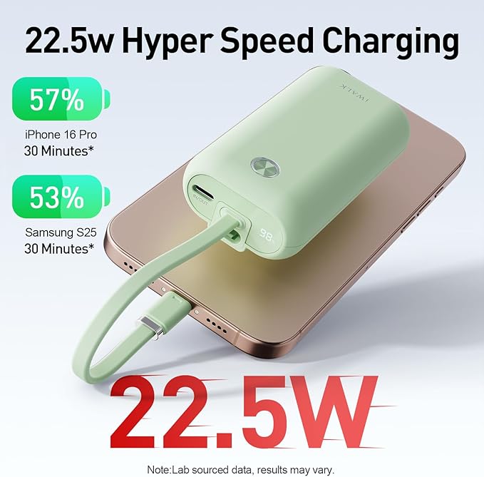 iWALK Mini Portable Charger 10,000mAh, 22.5W USB-C Fast Charging Power Bank with Built-in Cable, Travel Essential Ultra-Small Battery Pack Compatible for iPhone 17/16/16 Pro/15, Samsung, Google, Green