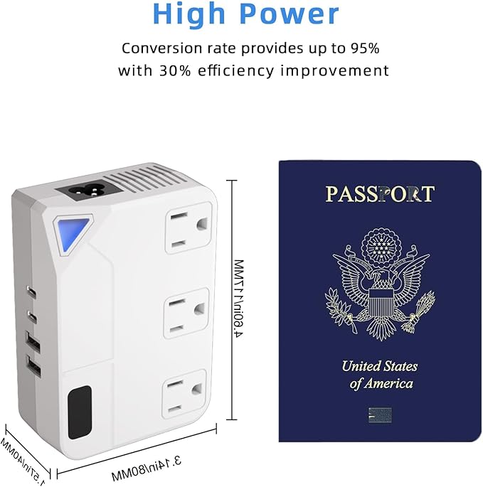 250W Conversion Plug, International Travel Converter with 2 USB and 2 USB-C Ports, lowering 220V to 110V for 100V-240V Areas and Different Countries Plugs Using US Electrical Devices