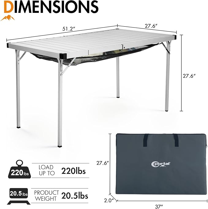 Portal Camping Table with Expandable Tabletop, 37" to 51.2" Adjustable Length Aluminum Folding Table, Large for 2-6 Person, Design with Storage Mesh & Carry Bag for Car Camping, Backyard, Tailgating