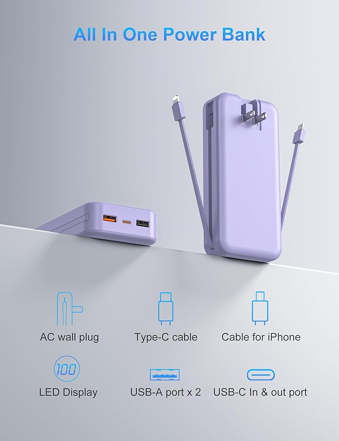 Ffnpua Portable Charger with Wall Plug, 20000mAh USB C Power Bank Fast Charging, External Battery Pack with Built in Cables, Digital Display, 5 Output 2 Input for iPhone Android Cell Phone Tablet