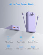Ffnpua Portable Charger with Wall Plug, 20000mAh USB C Power Bank Fast Charging, External Battery Pack with Built in Cables, Digital Display, 5 Output 2 Input for iPhone Android Cell Phone Tablet
