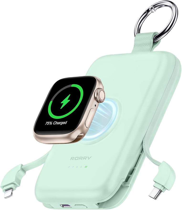 RORRY CharmGo Portable Charger, 10000mAh 20W Fast Charging Portable Charger Power Bank with Built in Cables, Travel Battery Pack for iPhone 17/16/15/14/13/12 and Apple Watch, Green