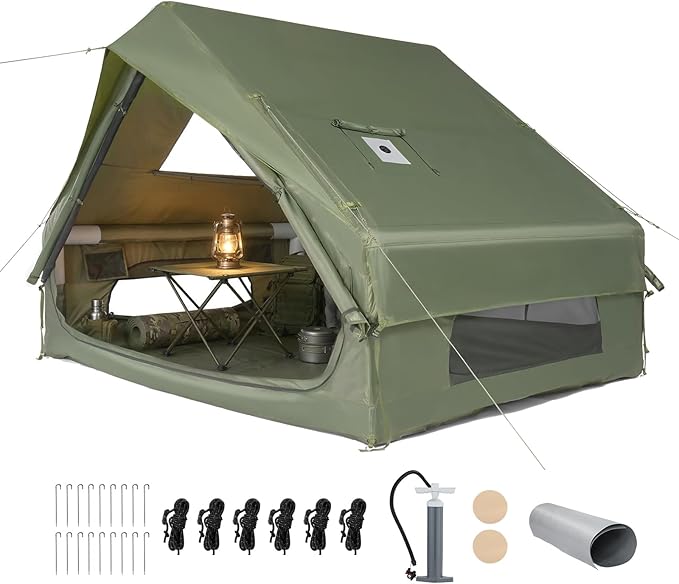 VINGLI Inflatable Camping Tent, All-Weather Inflatable Hot Tents with Stove Jack, Blow Up Tent for Camping with Mesh Doors & Windows, Inflatable Air Tents for Camping Adult
