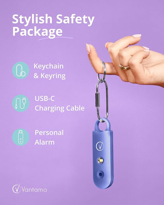 Vantamo Personal Alarm for Self Defense with Low Battery Notice, Strobe Light & Extra Loud 130 dB Double Speakers Safety Keychain Set for Women, Rechargeable Panic Button for Womens Self Defense